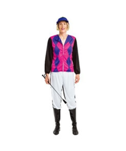 Female horse jockey costume with pink and purple shirt, white pants, blue cap and riding crop