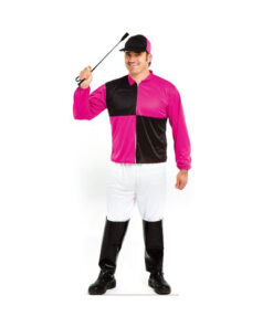 Male Horse jockey Halloween costume with riding crop, pink and black shirt and cap