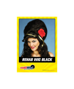 Rehab boufant wig in black with gold highlights and red flower adornment