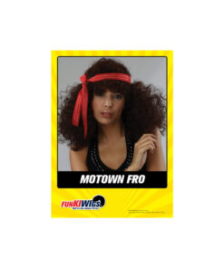 Motown afro wig in brown with red and white headband for women