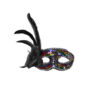 Multi-coloured rainbow sequin masquerade mask with black flower and feathers on side design