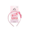 Pink hair accessories including hair claws with bears, hairband with flowers, and hair tie with bow and flowers coming in pack of 4 pieces