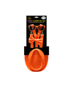 Neon orange dress up kit including sunglasses, bowtie, suspenders and hat