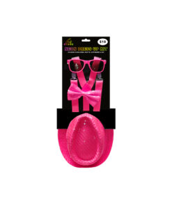 Neon pink dress up kit including sunglasses, bowtie, suspenders and hat