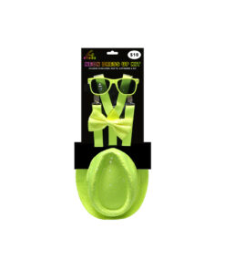 Neon yellow dress up kit including sunglasses, bowtie, suspenders and hat