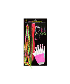 80's neon dress up kit including 4x necklaces, 2x hair extensions, sunglasses, earrings and gloves