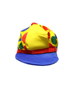 Clown hat in yellow colour with rainbow polka dots