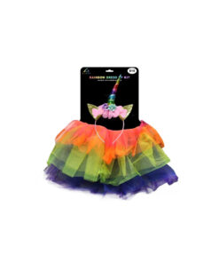 Rainbow unicorn dress up kit with rainbow tutu and headband with glittery gold ears and rainbow unicorn horn