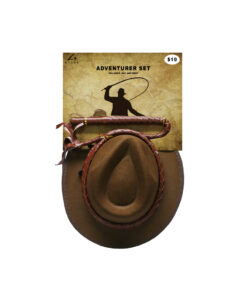 Adventurer archaeologist dress up kit including fedora hat and chip