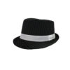Black fedora with white stripes and white hat band