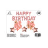 28pc assorted rose gold birthday balloon set with 13x 16inch letter balloons, 3x 18inch foil star balloons, 8x 12inch latex balloons, and 4x 12inch confetti balloons