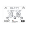 28pc assorted silver birthday balloon set with 13x 16inch letter balloons, 3x 18inch foil star balloons, 8x 12inch latex balloons, and 4x 12inch confetti balloons