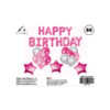 28pc assorted pink birthday balloon set with 13x 16inch letter balloons, 3x 18inch foil star balloons, 8x 12inch latex balloons, and 4x 12inch confetti balloons