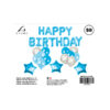 28pc assorted blue birthday balloon set with 13x 16inch letter balloons, 3x 18inch foil star balloons, 8x 12inch latex balloons, and 4x 12inch confetti balloons