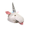 White unicorn hat with rainbow hair tuft and silver horn with thin Dali moustache
