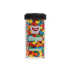 Gobake shaped sprinkles in "jumbo confetti" design in rainbow yellow, red, blue, and green colour mix in clear plastic container of 45g and black lid
