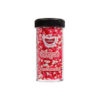Gobake shaped sprinkles in "mini valentine hearts" design and pink, red, and white colour mix in clear plastic container of 45g and black lid