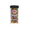 Gobake shaped sprinkles "super mini sequin" design in rainbow colour mix of yellow, green, blue, orange and red in clear plastic container of 45g and black lid