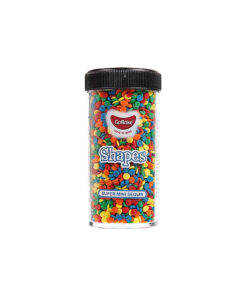 Gobake shaped sprinkles "super mini sequin" design in rainbow colour mix of yellow, green, blue, orange and red in clear plastic container of 45g and black lid
