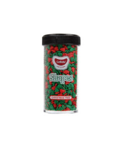 Gobake shaped sprinkles in "Christmas tree" design in green and red colour in clear plastic container of size 45g and black lid