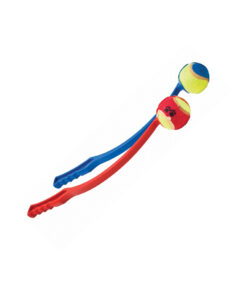 Plastic dog ball chucker toy in blue and red colour