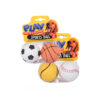 Sports ball pet toy in pack of 2 with soccer ball, basket ball, and baseball designs