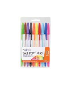 Mixed colour ball point pens in green, brown, purple, black, orange, yellow, red, light blue, dark blue, and pink colours coming in pack of 10