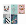 Hardcover A4 notebooks in assorted designs of white with panda with aviator sunglasses, light blue with dreamcatcher, pink with sloth and flowers, black and white stripes with blue triangle, and space design with mandala
