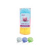 Nylon sponge bath balls loofahs in assorted colours of blue, pink, yellow, white, purple, and green coming in pack of 3