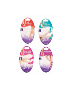 Gel shoe inserts in design of 1 ball cushion, 1 heel cushion, 6 sore spot cushions, or 4 heel strips.
