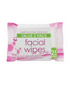 Facial wipes for make0up, dirt, oil, and bacteria in pink packaging coming with 25 wipes