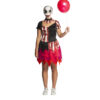 Scary harlequin clown Halloween costume with white scary clown mask, red and black top with fake blood spots, and red tattered skirt with balloon prop