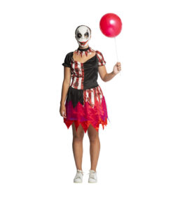 Scary harlequin clown Halloween costume with white scary clown mask, red and black top with fake blood spots, and red tattered skirt with balloon prop