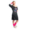 Retro 80's dress & gloves T-shirt dress Halloween costume with black shirt, neon radio design, hot pink hand warmers and hot pink leg warmers.