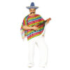 Mexican fiesta Halloween costume with blue sombrero, fake moustache, rainbow poncho and small guitar prop