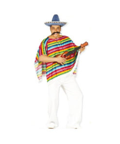 Mexican fiesta Halloween costume with blue sombrero, fake moustache, rainbow poncho and small guitar prop