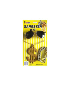 Gangster dress up kit including black sunglasses, glittery gold dollar sign necklace, and gold bracelet