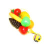 Fake fruit prop in yellow mesh bag including green apple, capsicum, grapes and pineapple for Halloween costume