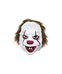 Scary clown latex mask with short brown hair, and red crazy clown makeup