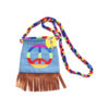 Hippie bag in light blue colour with rainbow peace sign and rainbow strap with brown tassels coming from bottom of bag