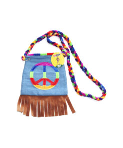Hippie bag in light blue colour with rainbow peace sign and rainbow strap with brown tassels coming from bottom of bag