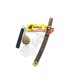Ninja weapon set include flail, ninja stars, brass knuckles and short sword for Halloween costume and props
