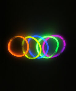 Glow in the dark sticks with bracelet connectors in purple, green, orange, yellow, and blue colours coming in pack of 15