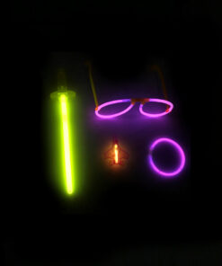Glow in the dark party set including sword, glasses, bracelet, and necklace in yellow, purple, and orange colour