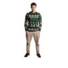 Christmas jumper in green colour with Santa, gifts, candy cane, and snowman design