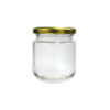 Clear glass storage jar with gold lid in dimensions 6.8cm x 6.8cm x 8cm