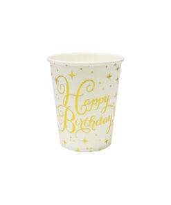 Gold Happy Birthday paper cups with star design in white colour coming in pack of 20 and capacity of 9oz