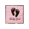 Light pink baby girl large paper napkins with writing, footprints, and border in gold coming in pack of 20 pieces