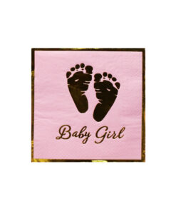 Light pink baby girl large paper napkins with writing, footprints, and border in gold coming in pack of 20 pieces
