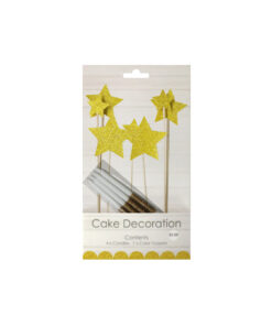 Golden glitter cake candle topper set coming with 4 candles and 7 cake toppers